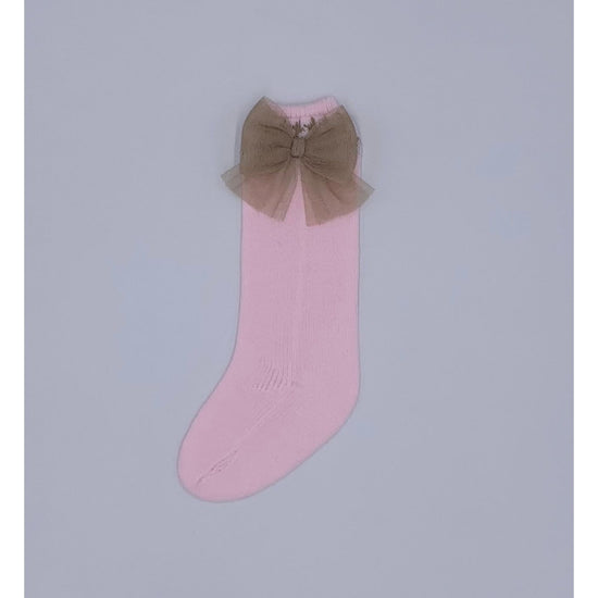 Charger l&amp;#39;image dans la galerie, Pink And Camel Socks With Tulle Bow 3246 - Lala Kids 

