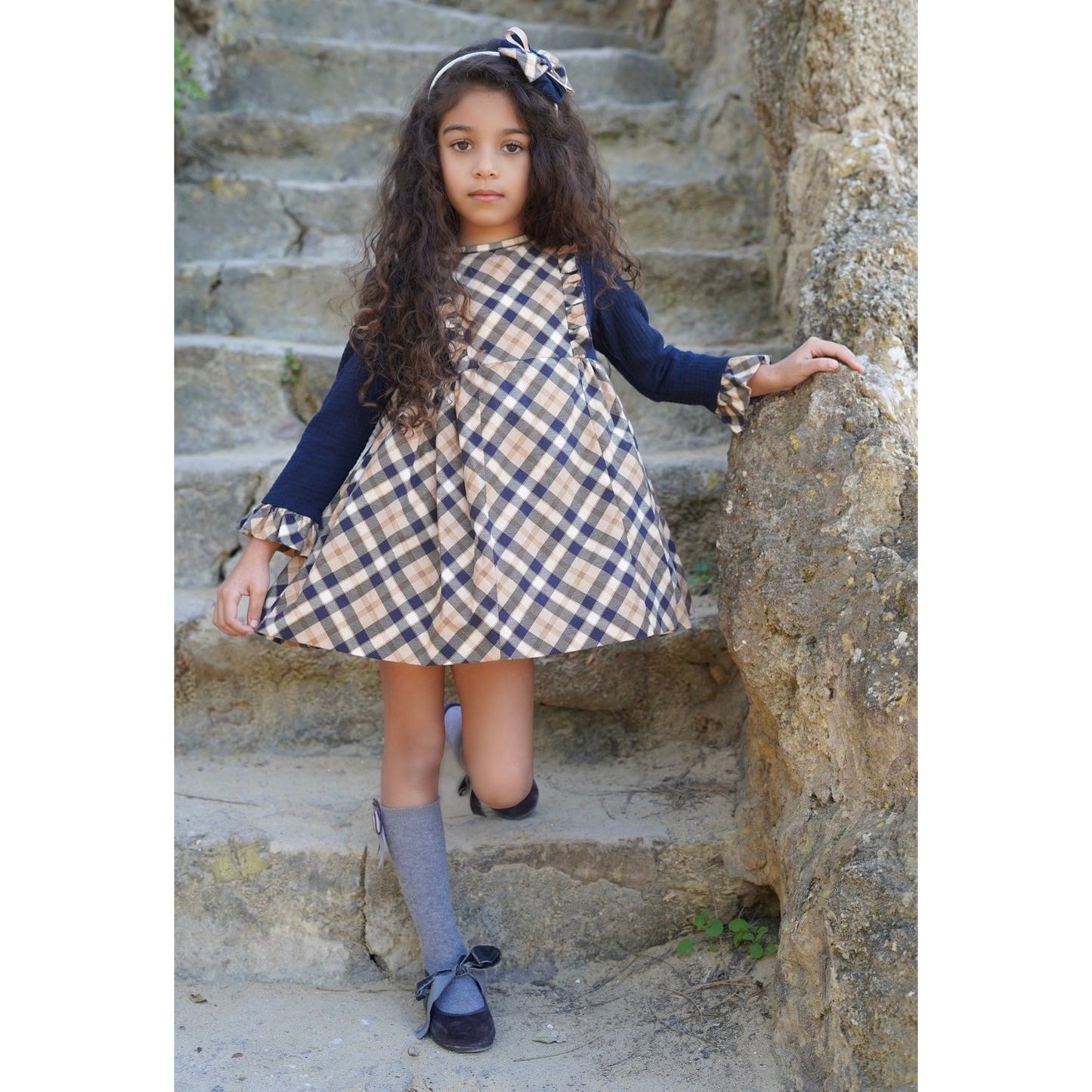 Beige And Navy Checked Dress 3221 - Lala Kids 