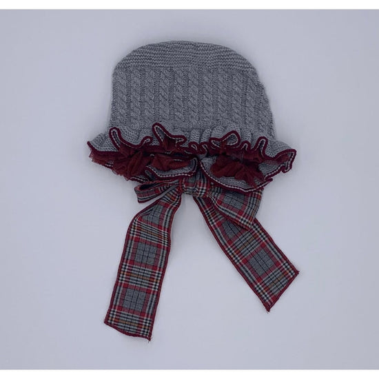 Load image into Gallery viewer, Grey and Burgundy Knitted Bonnet 3256 - Lala Kids 
