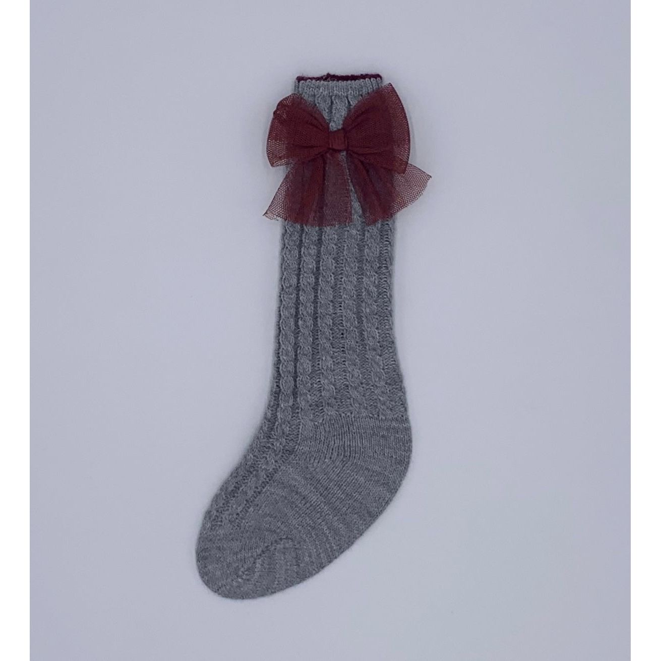 Grey Knitted Socks With Burgundy Tulle Bow 3257 - Lala Kids 