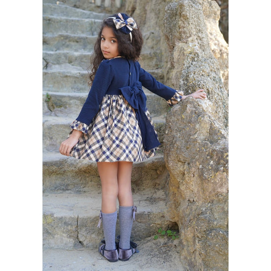 Load image into Gallery viewer, Beige And Navy Checked Dress 3221 - Lala Kids 
