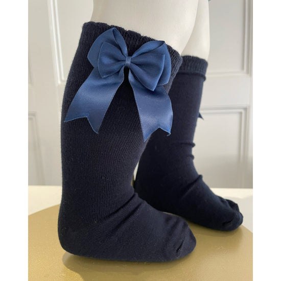 Navy Double Bow Knee Socks - Lala Kids 